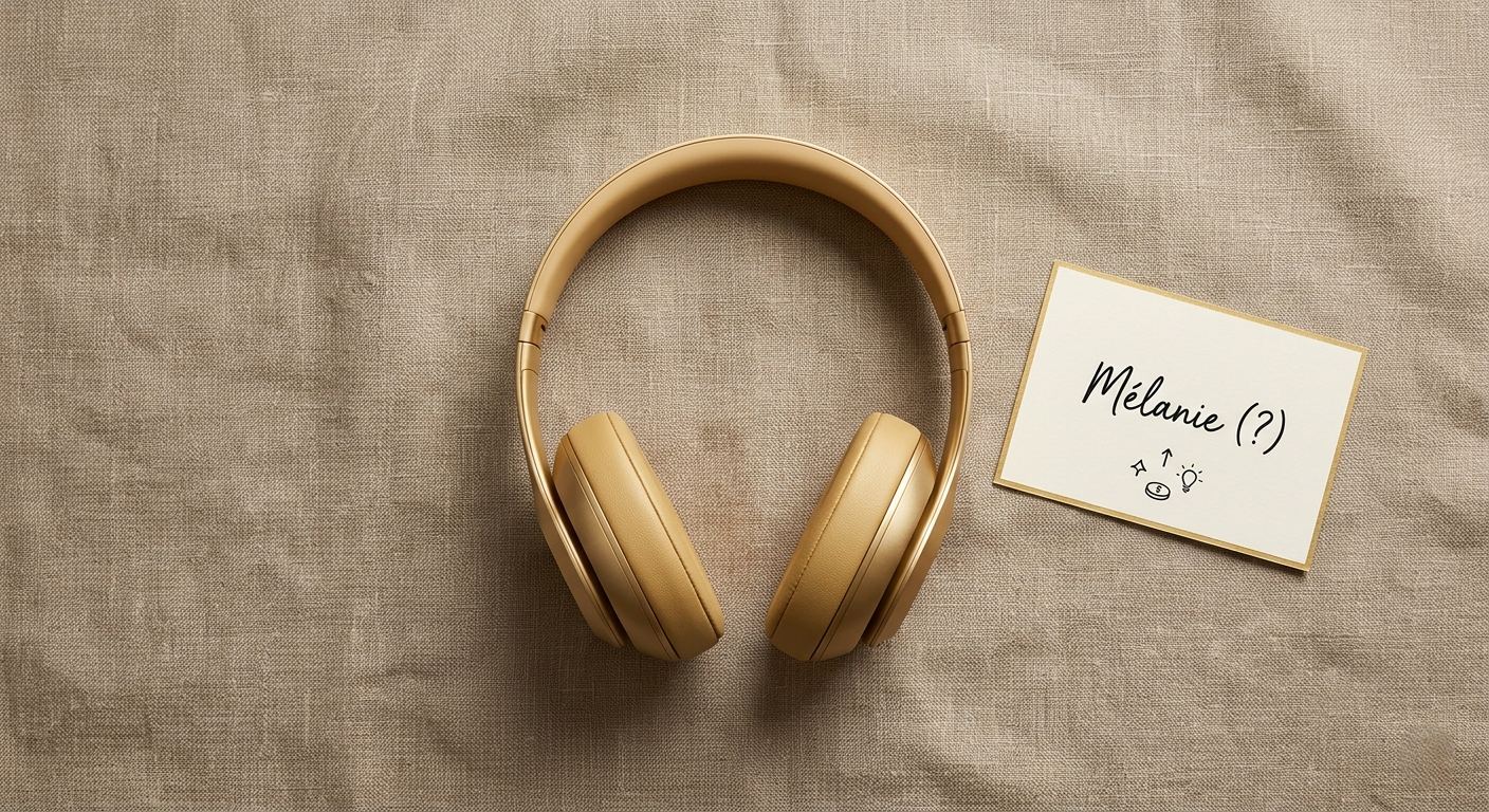 Flat lay élégant sur lin brut d'un casque audio minimaliste doré mat et d'une carte personnalisée pour la création sur-mesure Élévation Audio